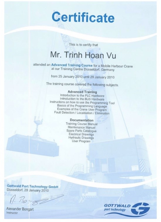 Chứng chỉ Đào tạo Nâng cao Cẩu cảng Di động (Mobile Harbour Crane)